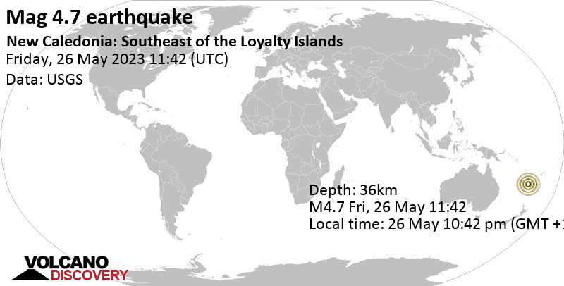 Stärke 4.7 - South Pacific Ocean, Neukaledonien, am Freitag, 26. Mai 2023 um 22:42 Lokalzeit