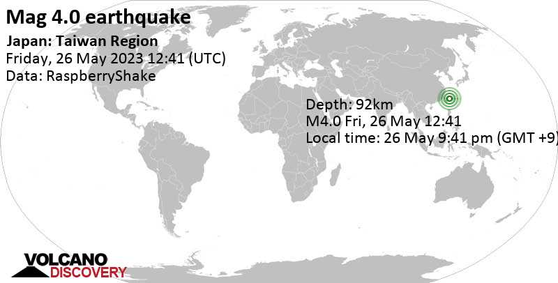 Light mag. 4.0 earthquake - Philippine Sea, 28 km west of Yonakuni, Yaeyama-gun, Okinawa, Japan, on Friday, May 26, 2023 at 9:41 pm (GMT +9)