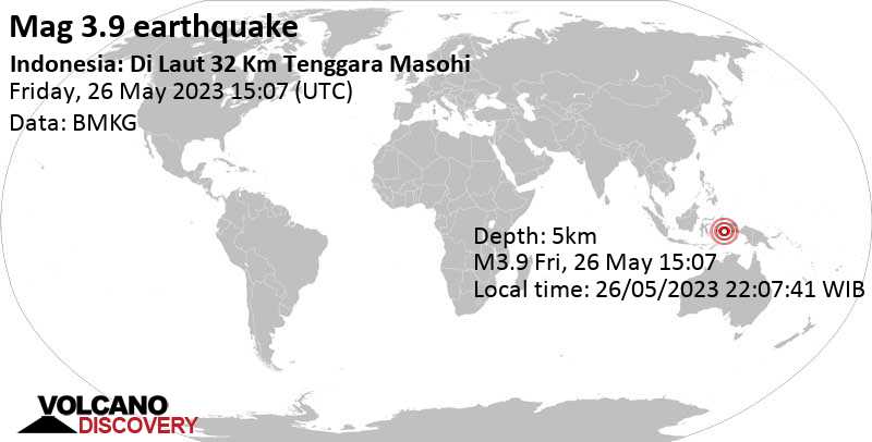 Moderate mag. 3.9 earthquake - Banda Sea, 31 km southeast of Amahai, Maluku, Indonesia, on Saturday, May 27, 2023 at 12:07 am (GMT +9)