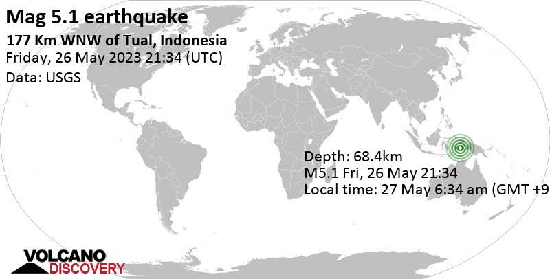 5.1 quake Banda Sea, 177 km west of Tual, Maluku, Indonesia, May 27, 2023 6:34 am (GMT +9)