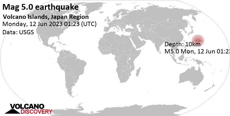 5.0 quake North Pacific Ocean, Japan, Jun 12, 2023 10:23 am (GMT +9)