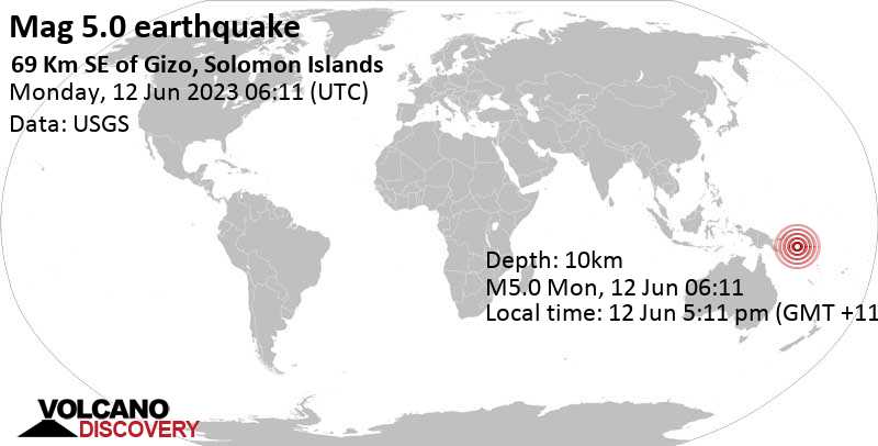 5.0 quake 69 km southeast of Gizo, New Georgia Group, Western Province, Solomon Islands, Jun 12, 2023 5:11 pm (GMT +11)