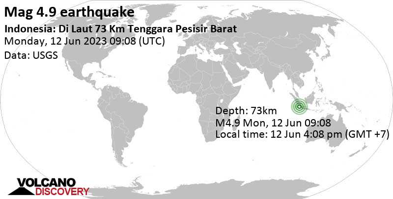 4.9 quake Indian Ocean, 129 km west of Bandar Lampung, Indonesia, Jun 12, 2023 4:08 pm (GMT +7)
