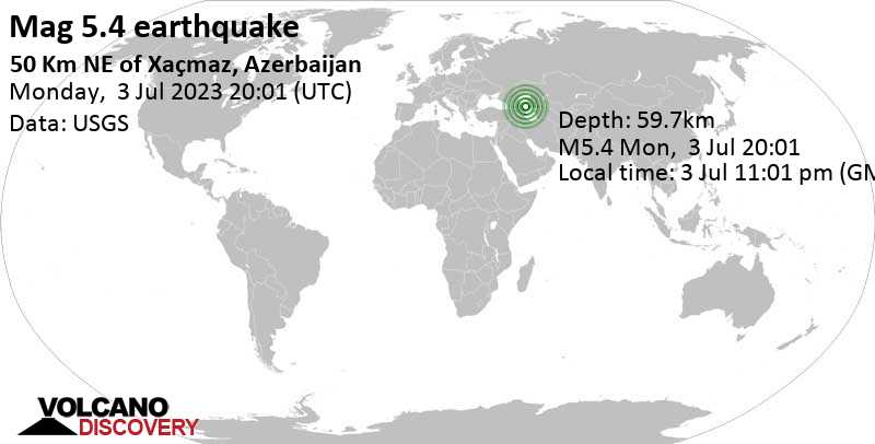Earthquake information: moderate mag.  5.4 earthquake – Caspian Sea, 51km NE of Khachmaz, Khachmaz, Azerbaijan, on Monday, July 3, 2023 at 11:01 PM (GMT +3)