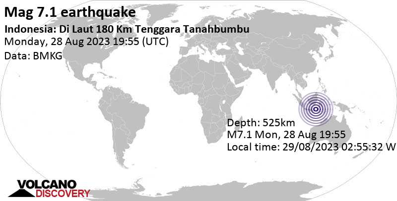 Gempa besar berkekuatan 7,1 skala richter – Laut Jawa, 189 km sebelah utara Mattalam, Lombok, Nusa Tenggara Barat, Indonesia, Selasa, 29 Agustus 2023 pukul 03.55 (GMT +8)