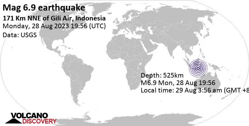 Mac yang kuat.  Gempa 6,9 – Laut Jawa, 195 km sebelah utara Mattalam, Lombok, Nusa Tenggara Barat, Indonesia, Selasa 29 Agustus 2023 pukul 03.56 (GMT +8)