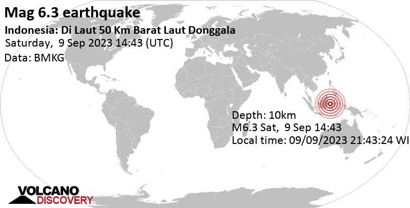 Bardzo mocny Mac.  Trzęsienie ziemi 6.3 - 105 km na północ od Balu, Środkowy Sulawesi, Indonezja, w sobotę 9 września 2023 r. o 22:43 (GMT +8).
