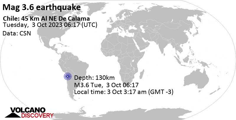 Sehr schwaches Beben Stärke 3.6 - 44 km nordöstlich von Calama, Provincia de El Loa, Antofagasta, Chile, am Dienstag,  3. Okt. 2023 03:17 (Santiago Zeit)