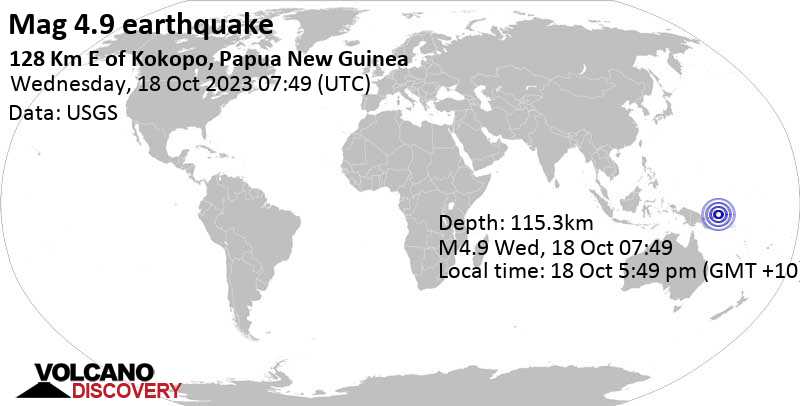 Lekki Mac.  Trzęsienie ziemi 4.9 - Południowy Pacyfik, 128 km na wschód od Kokobo, Papua Nowa Gwinea, środa, 18 października 2023 o 17:49 (GMT +10)