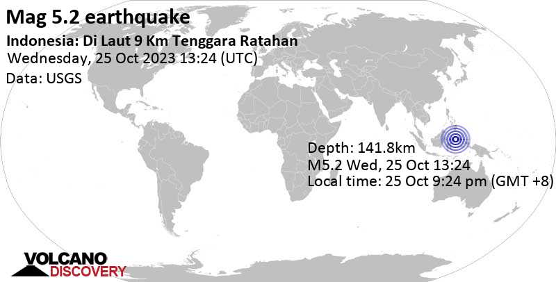 Informasi Gempa: Mag.  5.2 Gempa – Sulawesi Utara, Indonesia, 50 km selatan Indonesia, Rabu, 25 Oktober 2023 pukul 21:24 (GMT +8)