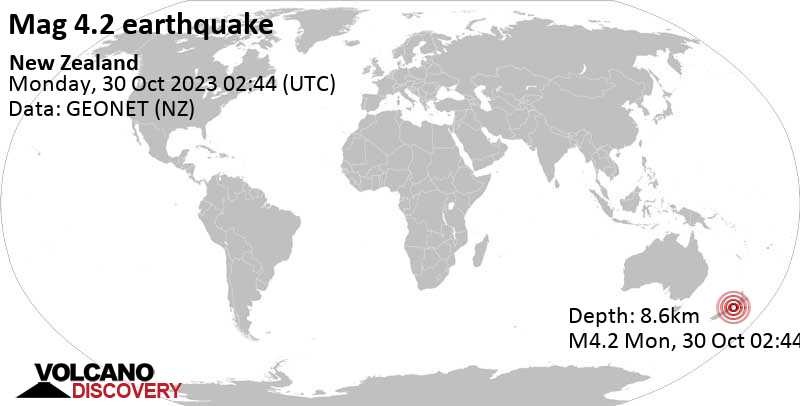 Mag. 4.2 earthquake - Tasman Sea, 60 km southwest of Wellington, Wellington, New Zealand, on Monday, Oct 30, 2023, at 03:44 pm (Auckland time)