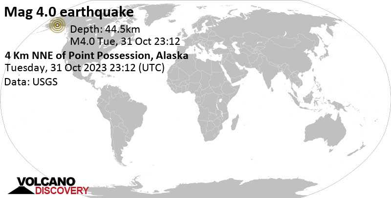 Ελαφρύς σεισμός μεγέθους 4.0 - Kenai Peninsula, 50 km νοτιοδυτικά από Ανκορέιτζ, Anchorage, Αλάσκα, Ηνωμένες Πολιτείες, Τρί, 31 Οκτ 2023, στις 15:12 (Ώρα Anchorage)