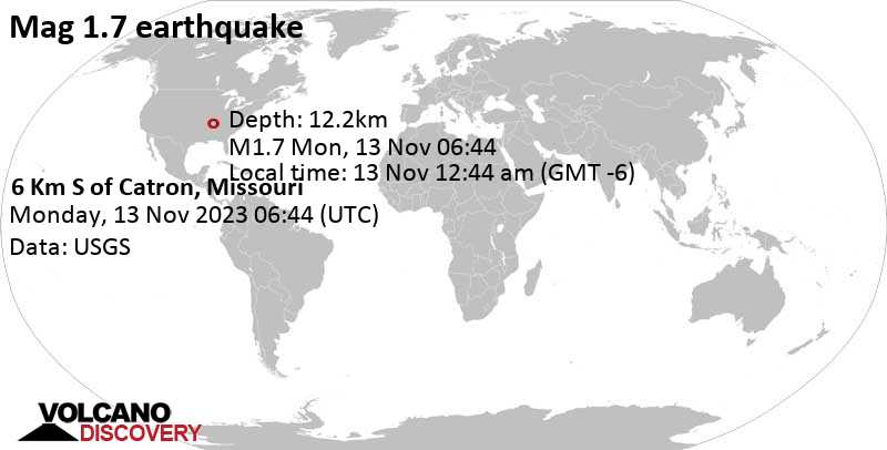 Mag. 1.7 quake - New Madrid County, 24 mi south of Sikeston, Scott County, Missouri, USA, on Monday, Nov 13, 2023, at 12:44 am (Chicago time)