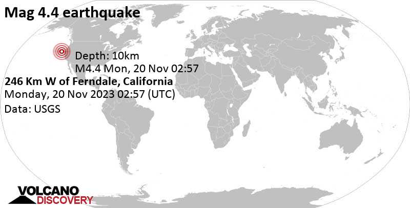 地震信息：加利福尼亚州亨伯特县尤里卡以西157英里处发生中等级4.4级地震，于2023年11月19日下午05:57（格林威治标准时间-9）- 两个用户报告经历