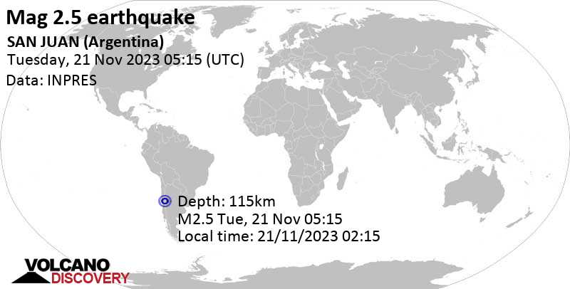 Незначительное землетрясение маг. 2.5 - Departamento de Calingasta, 91 km к западу от Сан-Хуан, Departamento de Capital, San Juan, Аргентина, Вторник 21 ноя 2023 в 02:15 (San Juan время)