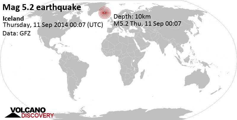 Strong mag. 5.2 earthquake - East, 225 km east of Reykjavik, Reykjavíkurborg, Capital Region, Iceland, on Thursday, September 11, 2014 at 00:07 GMT