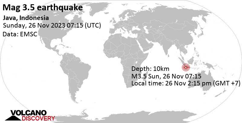Ελαφρύς σεισμός μεγέθους 3.5 - Indian Ocean, 98 km νότια από Pelabuhanratu, Ινδονησία, Κυρ, 26 Νοε 2023, στις 14:15 (GMT +7)
