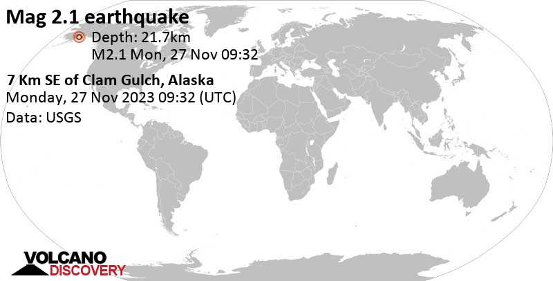 Mag. 2.1 quake - 16 mi south of Kalifornsky, Kenai Peninsula, Alaska, USA, on Monday, Nov 27, 2023, at 12:32 am (Anchorage time)