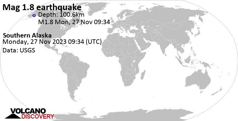 Mag. 1.8 quake - 29 mi west of Kalifornsky, Kenai Peninsula, Alaska, USA, on Monday, Nov 27, 2023, at 12:34 am (Anchorage time)