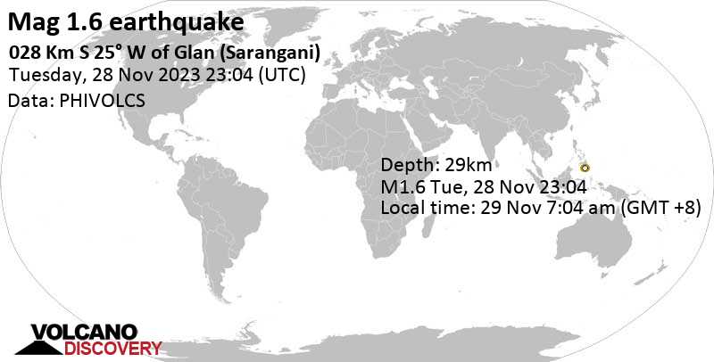 Μικρός σεισμός μεγέθους 1.6 - Celebes Sea, 28 km νοτιοδυτικά από Glan, Φιλιππίνες, Τετ, 29 Νοε 2023, στις 07:04 (Ώρα Manila)