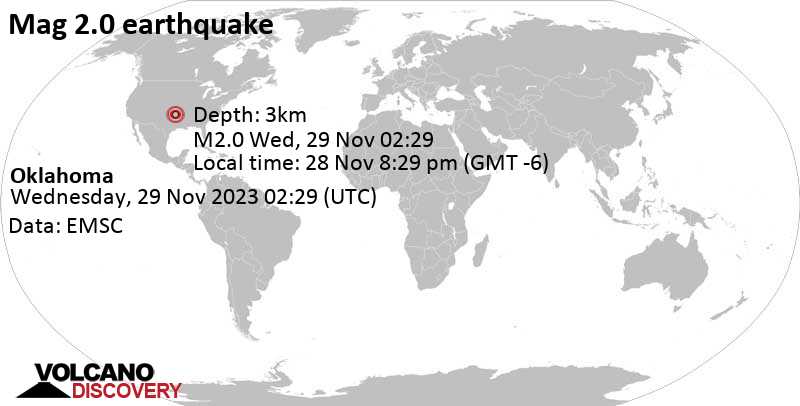 2.0 quake 10.2 mi southwest of Norman, Cleveland County, Oklahoma, USA, Nov 28, 2023 08:29 pm (Chicago time)