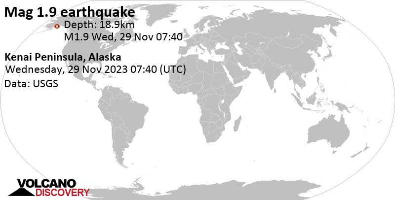 Μικρός σεισμός μεγέθους 1.8 - Kenai Peninsula, 132 km νότια από Ανκορέιτζ, Anchorage, Αλάσκα, Ηνωμένες Πολιτείες, Τρί, 28 Νοε 2023, στις 23:40 (Ώρα Anchorage)