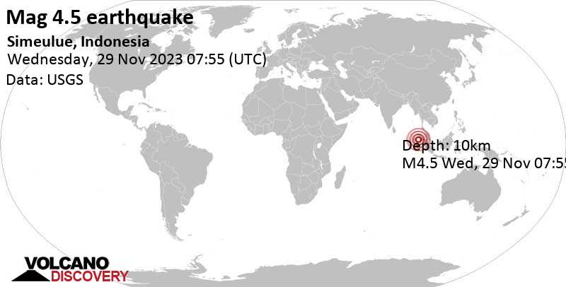 4.5 quake 33 km southwest of Sinabang, Kabupaten Simeulue, Aceh, Indonesia, Nov 29, 2023 02:55 pm (GMT +7)
