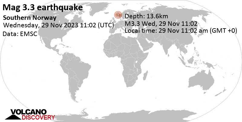 3.3 quake 49 km northwest of Flore, Kinn, Vestland, Norway, Nov 29, 2023 11:02 am (GMT +0)