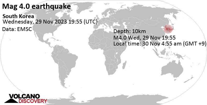 4.0 quake 20 km east of Gyeongju, Gyeongsangbuk-do, South Korea, Nov 30, 2023 04:55 am (GMT +9)