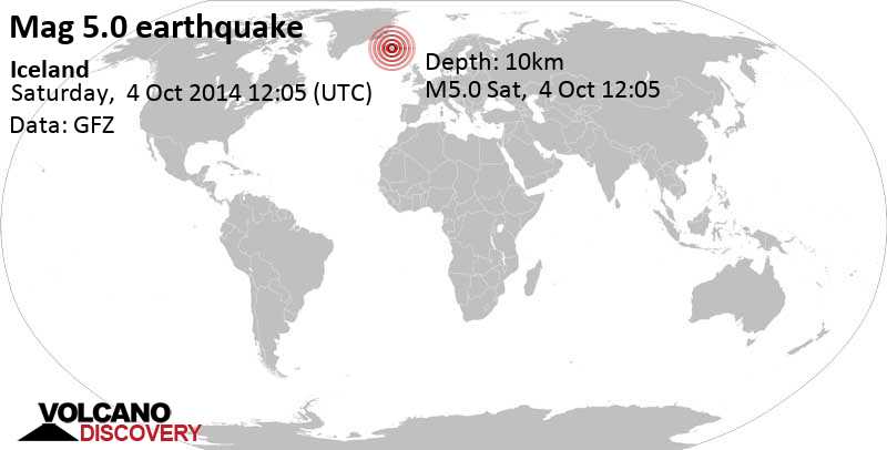 Strong mag. 5.0 earthquake - East, 218 km east of Reykjavik, Reykjavíkurborg, Capital Region, Iceland, on Saturday, October 4, 2014 at 12:05 GMT