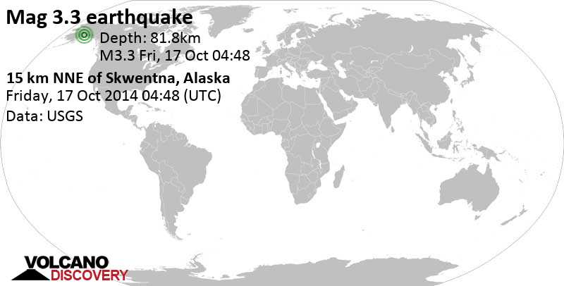 Weak mag. 3.4 earthquake - 9.9 mi northeast of Skwentna, Matanuska-Susitna, Alaska, USA, on Thursday, October 16, 2014 20:48:51