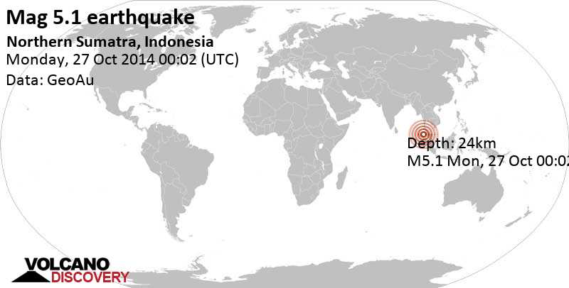 Moderate mag. 5.1 earthquake - 89 km northeast of Lhokseumawe, Aceh, Indonesia, on Monday, October 27, 2014 at 00:02 GMT