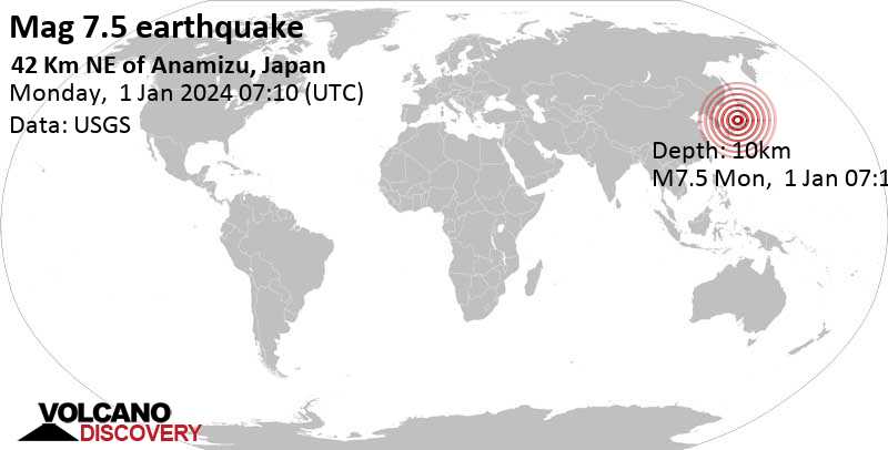 Major Magnitude 7.5 Earthquake - Ishikawa, Japan, 86 km North of