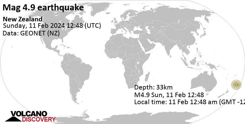 4.9 quake South Pacific Ocean, New Zealand, Feb 11, 2024 12:48 am (GMT -12)