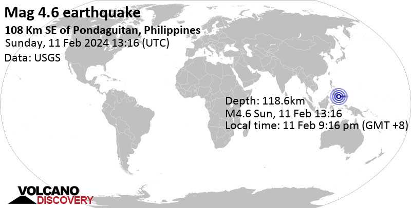 4.6 quake Philippine Sea, Province of Davao del Sur, Davao, Philippines, Feb 11, 2024 09:16 pm (GMT +8)