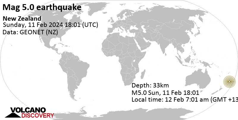 5.0 quake South Pacific Ocean, New Zealand, Feb 12, 2024 06:01 am (GMT +12)
