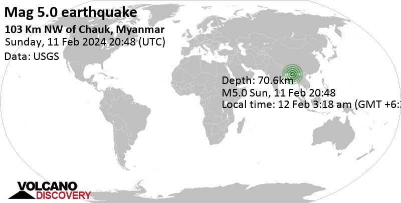 5.0 quake 103 Km NW of Chauk, Myanmar, Feb 12, 2024 03:18 am (Yangon time)