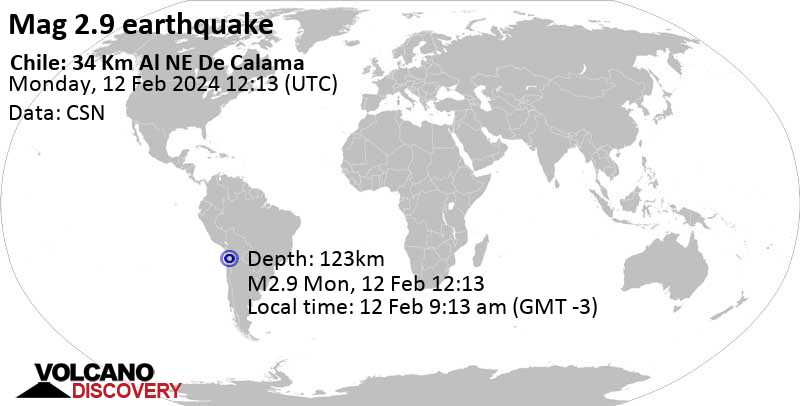 Mag. 2.9 quake - 32 km northeast of Calama, Provincia de El Loa, Antofagasta, Chile, on Monday, Feb 12, 2024, at 09:13 am (Santiago time)