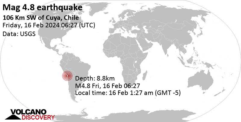 4.8 quake 106 Km SW of Cuya, Chile, Feb 16, 2024 01:27 am (GMT -5)