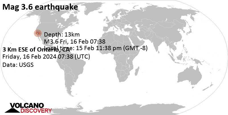 3.6 quake 3 Km ESE of Ontario, CA, Feb 15, 2024 11:38 pm (Los Angeles time)