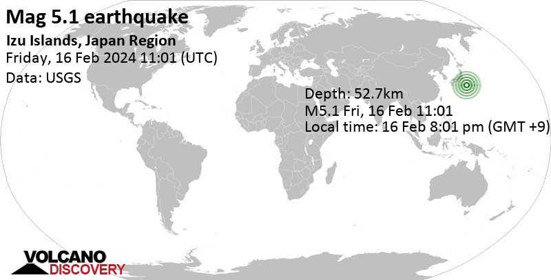 5.1 quake Izu Islands, Japan Region, Feb 16, 2024 08:01 pm (GMT +9)