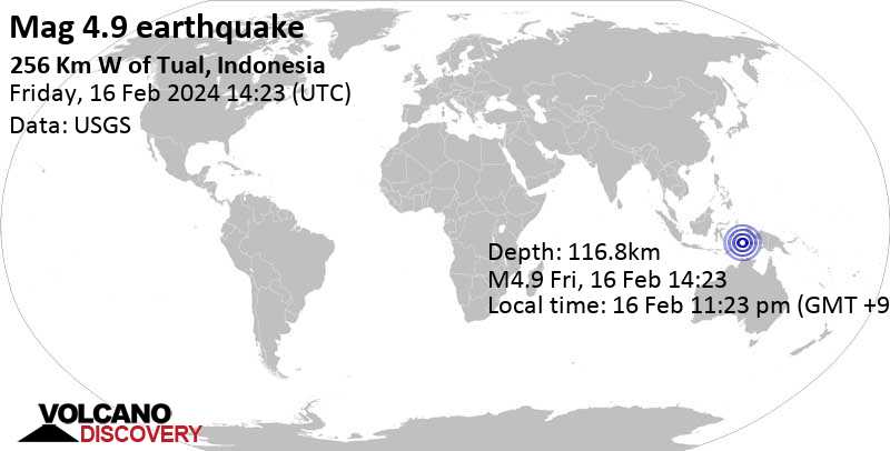 4.9 quake 256 Km W of Tual, Indonesia, Feb 16, 2024 11:23 pm (Jayapura time)
