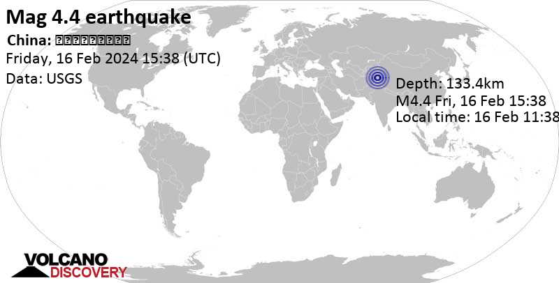 4.4 quake China: 新疆喀什地区叶城县 Feb 16, 2024 11:38 pm (Shanghai time)