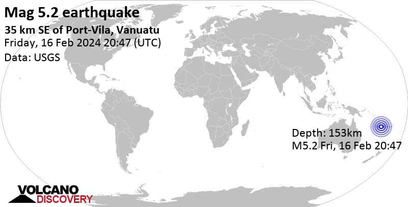 5.2 quake 34 Km SE of Port-Vila, Vanuatu, Feb 17, 2024 07:47 am (Efate time)