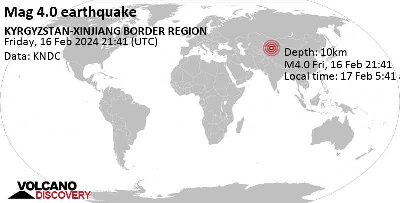 4.0 quake KYRGYZSTAN-XINJIANG BORDER REGION Feb 17, 2024 05:41 am (Shanghai time)
