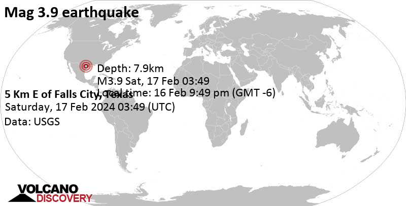 3.9 quake 5 Km E of Falls City, Texas, Feb 16, 2024 09:49 pm (Chicago time)
