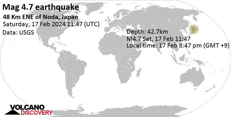 4.7 quake North Pacific Ocean, Iwate, Japan, Feb 17, 2024 08:47 pm (GMT +9)