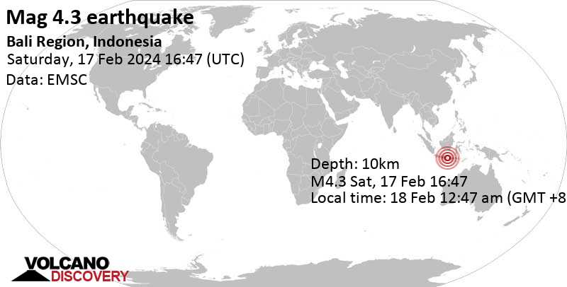 4.3 quake Kabupaten Jembrana, Bali, Indonesia, Feb 18, 2024 12:47 am (Makassar time)
