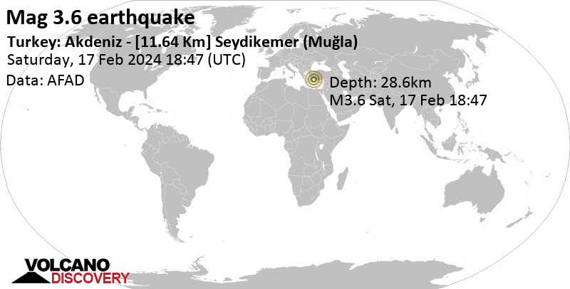 3.6 quake Eastern Mediterranean, Muğla, Turkey, Feb 17, 2024 09:47 pm (Istanbul time)