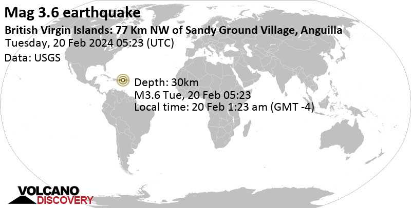 3.6 quake Caribbean Sea, 70 km east of Anegada Island, British Virgin Islands, Feb 20, 2024 01:23 am (GMT -4)